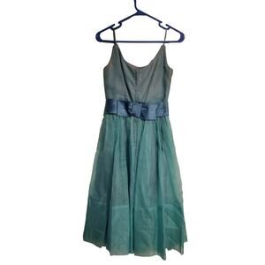 Vintage 1950s 1960s Teal Tulle Bow Detail A Line Midi Dress Sleeveless